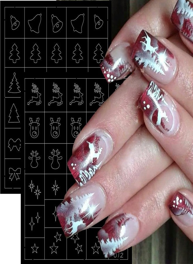 LRKNNO Christmas Nail Stickers Christmas Airbrush Stencils Stickers 3D Self-Adhesives Xmas Tree Hat Elk Hollow Design French Nail Guides Snowflake Nail Art Stencils Decal for Women DIY Manicure Tools 6Sheets - Image 2